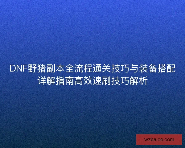 DNF野猪副本全流程通关技巧与装备搭配详解指南高效速刷技巧解析